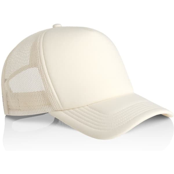 A cream trucker cap with a solid front and mesh back, featuring a logo on the front.