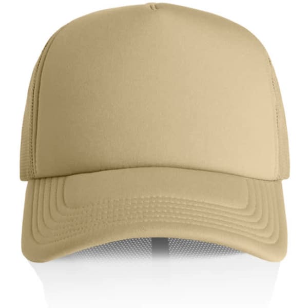 A tan foam trucker cap with a structured front and mesh back, featuring a logo on the front.