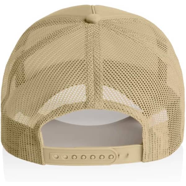 A beige trucker cap featuring a mesh back and an adjustable snap closure. It has a logo on the front.