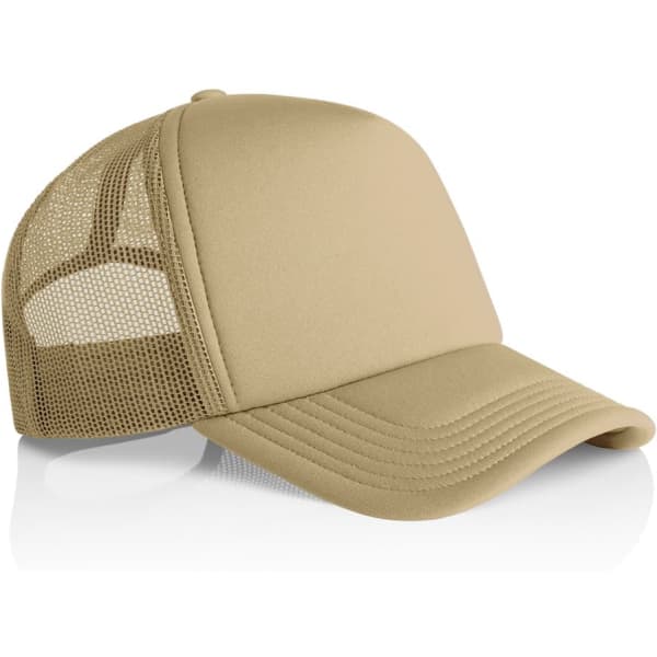 A beige trucker cap featuring a solid front and mesh back, with a curved brim and an adjustable strap.