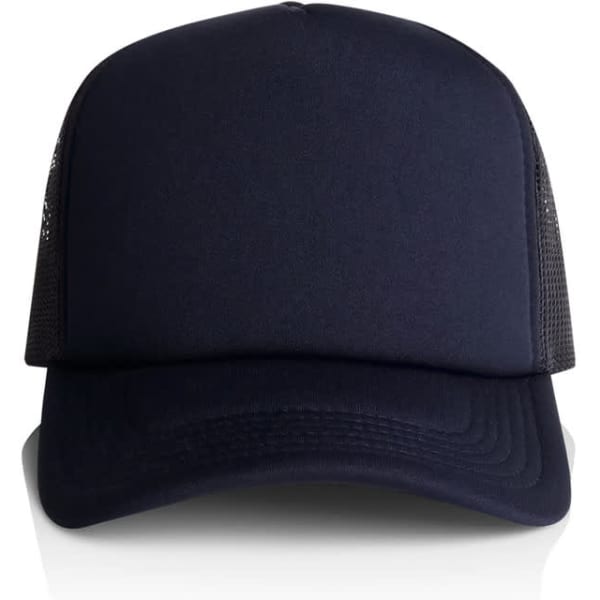 A navy trucker cap featuring a solid front panel and mesh sides, with a logo on the front.