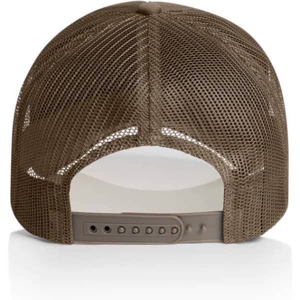 A brown foam trucker cap featuring a mesh back and adjustable strap, showcasing a simple design.