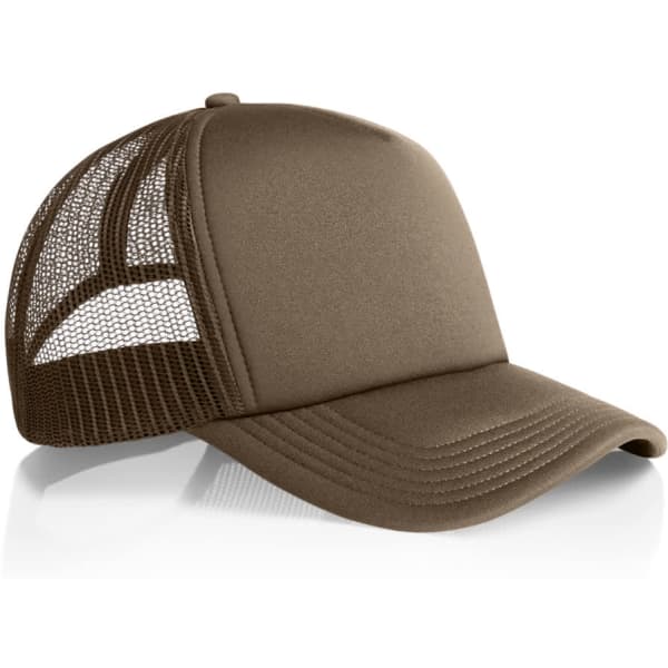 A brown trucker cap featuring a mesh back and a curved brim. Includes a logo on the front.