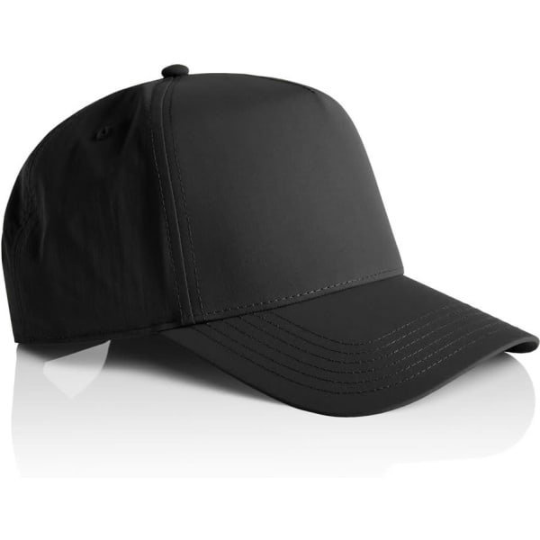 A black nylon cap with a structured design and a logo at the front. Ideal for headwear promotions.
