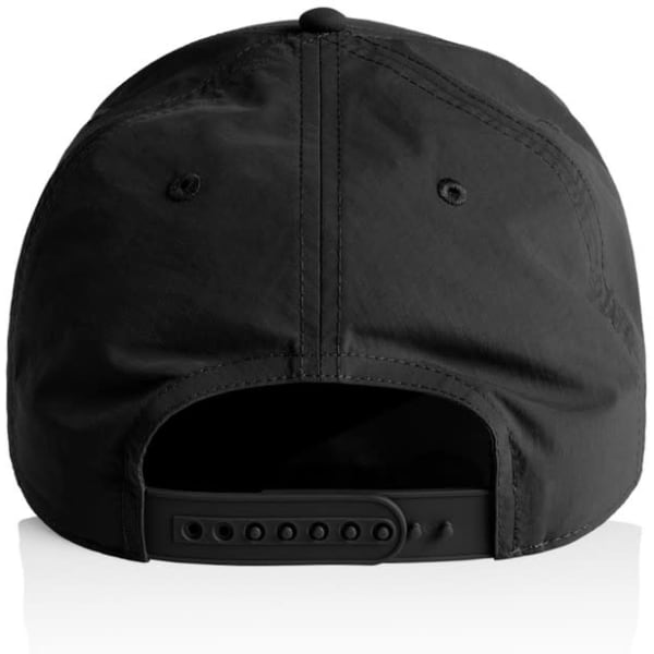 A black nylon cap featuring a snapback closure and a logo on the back.