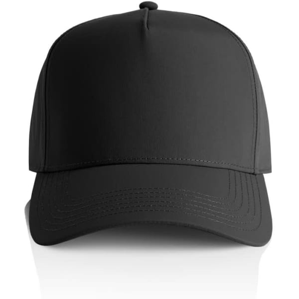A black nylon cap with a structured front, featuring a logo on the front panel.