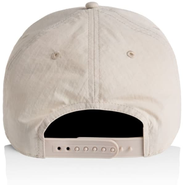 A beige cap with a nylon texture, featuring an adjustable strap and a branding logo on the back.