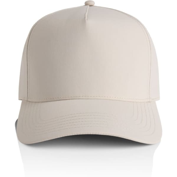 A beige nylon cap with a curved brim and a logo on the front, front view.