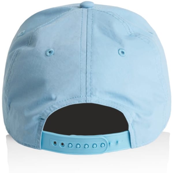 A light blue cap with a snapback adjustable closure at the rear and a logo on the side.