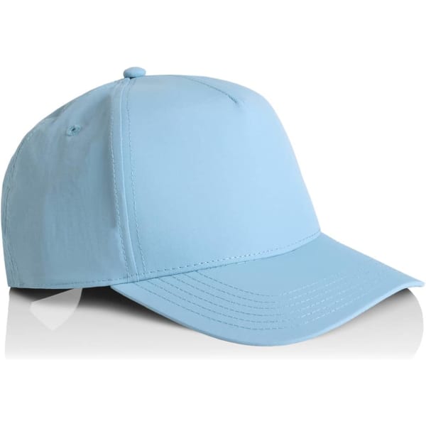 A light blue nylon cap with a structured design and a curved brim, featuring a logo.