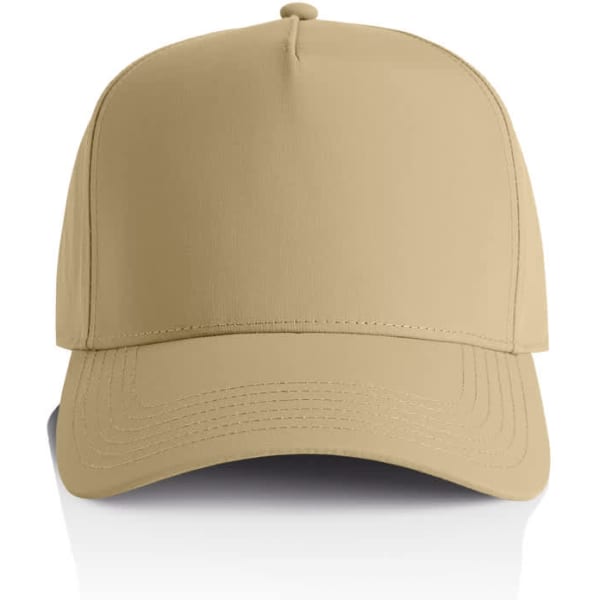 A beige nylon cap with a structured design and a curved brim, featuring a logo on the front.