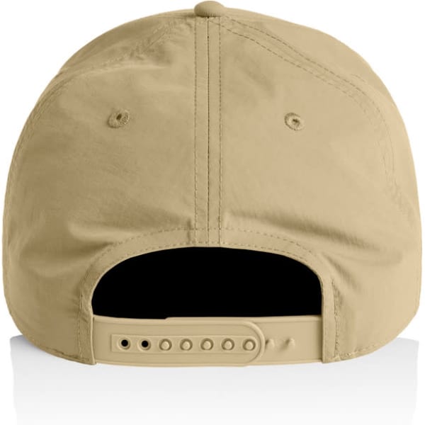 A khaki nylon cap featuring a rear strap adjustment and ventilation holes. It includes a logo on the back.