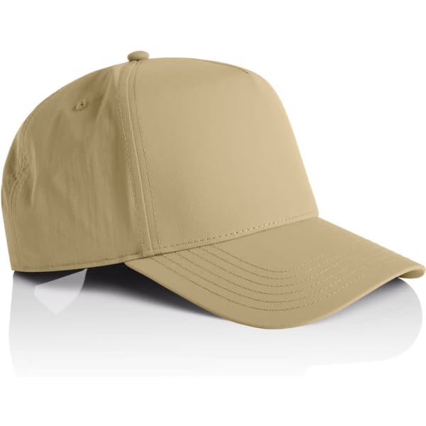 A beige nylon cap with a curved brim and a structured design, featuring a logo on the front.