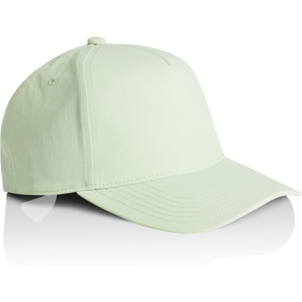 A light green cap with a structured design and a curved peak, featuring a branding logo.