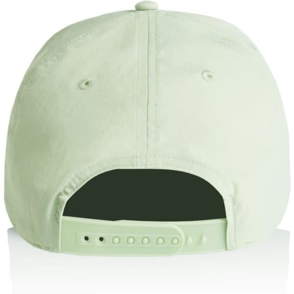 A light green cap featuring an adjustable strap and a logo on the back.