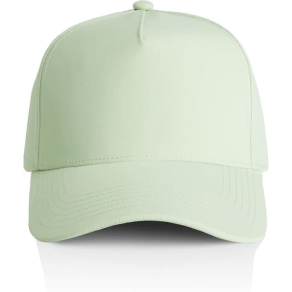 A light green cap with a structured front and a logo on the side. Suitable as stylish headwear.