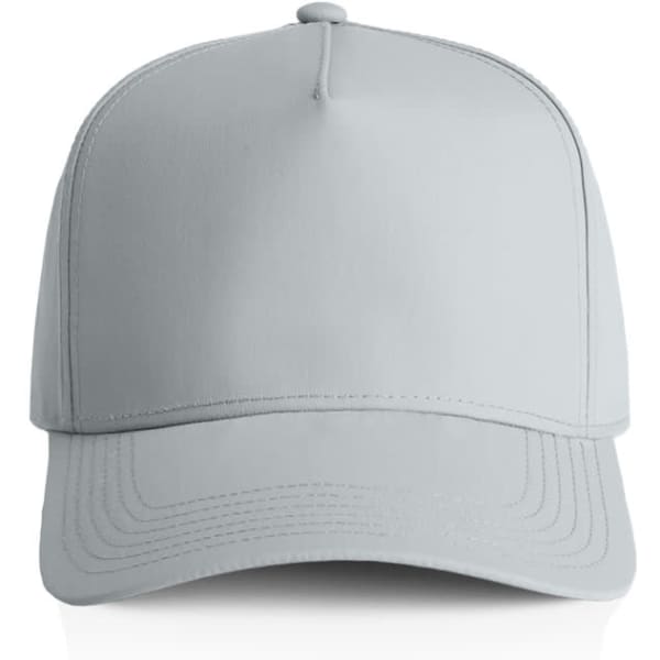A light grey nylon cap with a structured design and a curved brim, featuring a logo on the front.