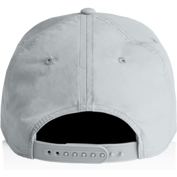 A light grey cap featuring a rear adjustable strap and a logo on the back.