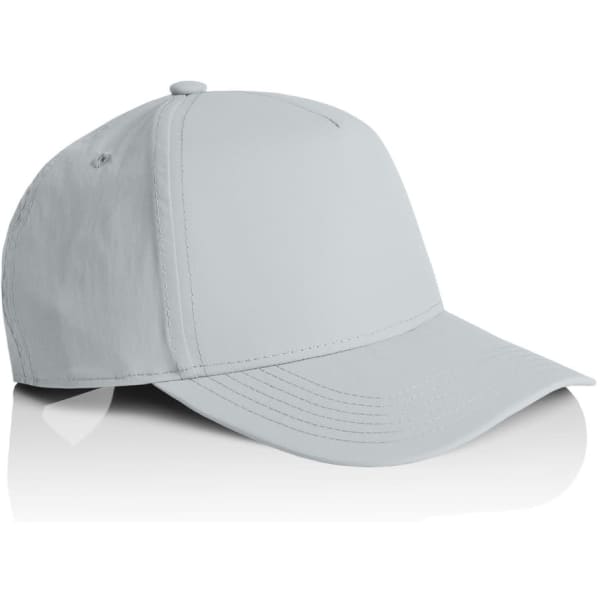 A grey nylon cap with a flat brim and a logo on the front, angled to one side against a white background.