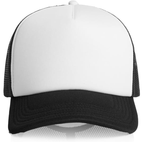 A two-tone trucker cap featuring a white front panel and black mesh sides and brim, with a logo on the front.