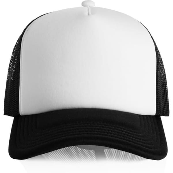 A two-tone trucker cap featuring a white front and black mesh sides, with a logo on the front.