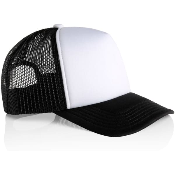 A two-tone trucker cap featuring a white front and black mesh sides. It includes a logo on the front.