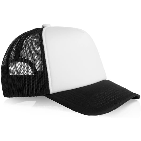 A two-tone trucker cap featuring a white front and black mesh back, with a curved brim and a logo.
