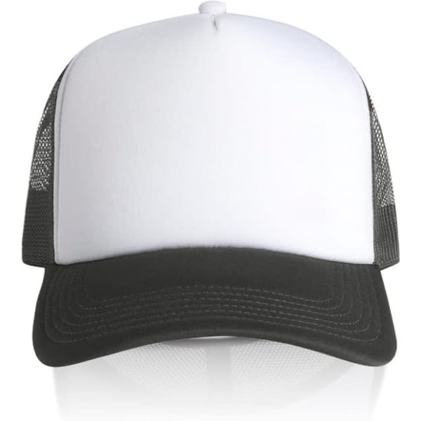 A two-tone trucker cap featuring a white front panel and a black peak with mesh sides.