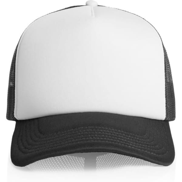 A two-tone trucker cap featuring a white front panel and black brim, with mesh side panels and a logo.