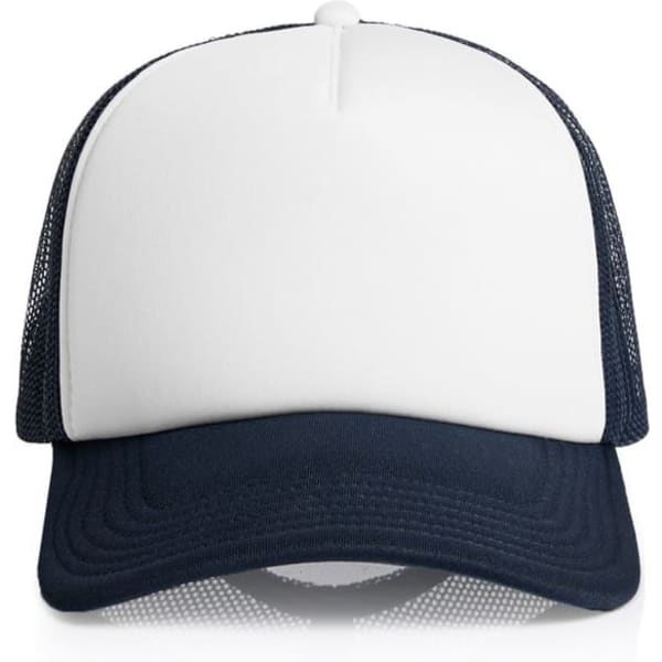 A two-tone trucker cap featuring a white front panel and navy mesh sides. It includes a logo on the front.