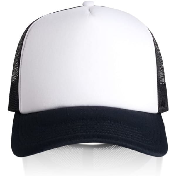 A two-tone trucker cap featuring a white front and black mesh sides. It has a branded logo on the front.