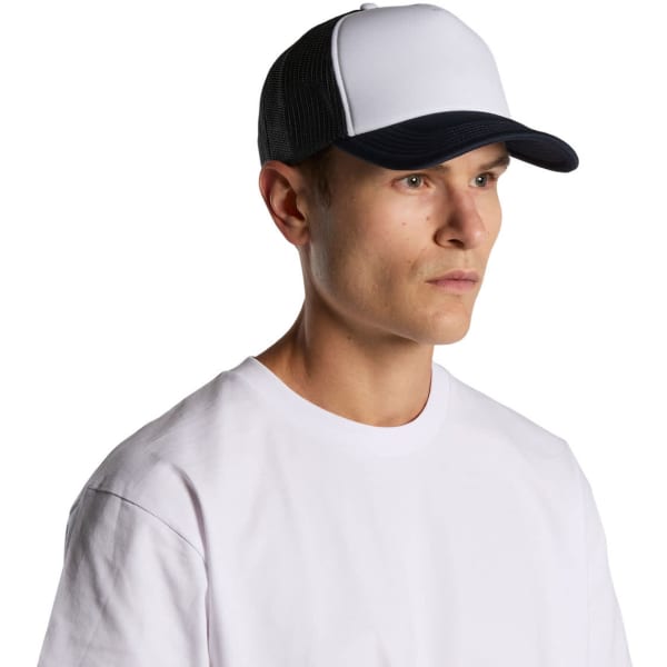 A two-tone black and white trucker cap featuring a mesh back and a solid front panel. Includes a logo.