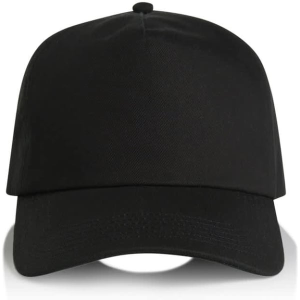 A black cap with a structured design and a logo on the front.
