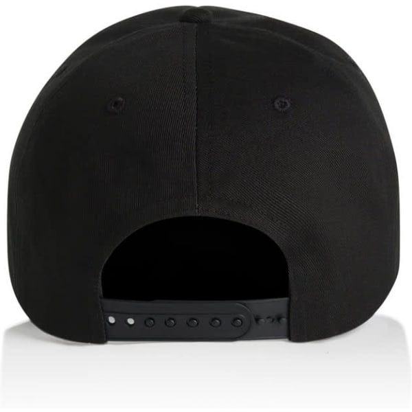 A black soft cap featuring a snapback closure and a plain design, with a logo on the back.