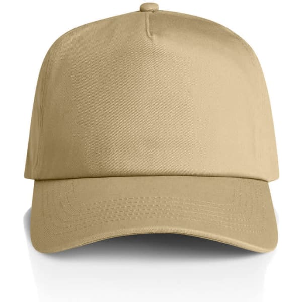 A khaki soft cap with a structured front and a curved brim, featuring a logo on the front.