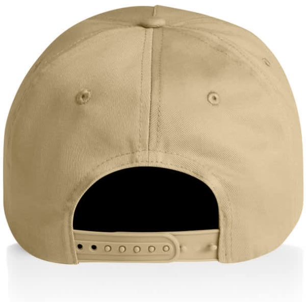 A beige cap featuring a back closure with snap adjustments and ventilation holes. It has a logo on the back.