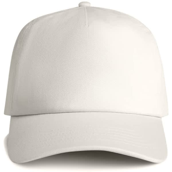 A soft cap in a light cream colour with a visor and a logo on the front.