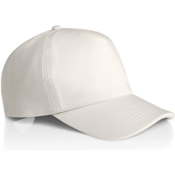 A beige soft cap with a curved brim and a structured crown, featuring a logo on the front.
