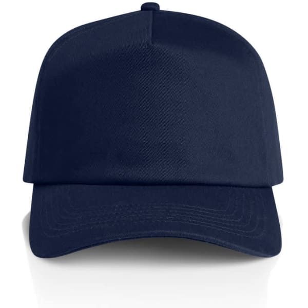 A navy blue cap with a structured design and a logo on the front.