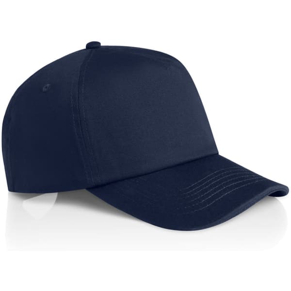 A navy blue soft cap with a curved brim and a structured front, featuring a logo.