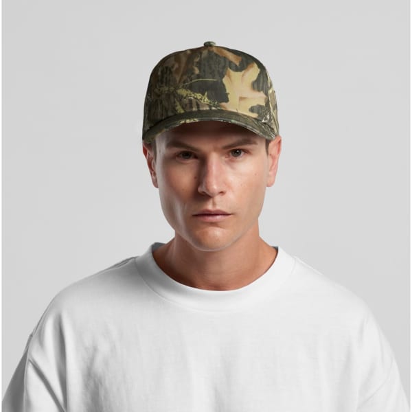 A soft camo cap in shades of green and brown, featuring a structured design and a logo on the front.