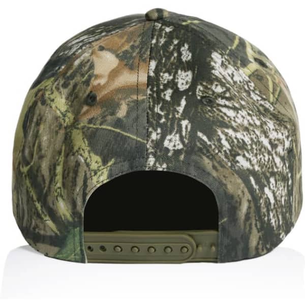 A camo cap featuring a soft fabric design in shades of green and brown, with a plastic adjustable strap at the back.