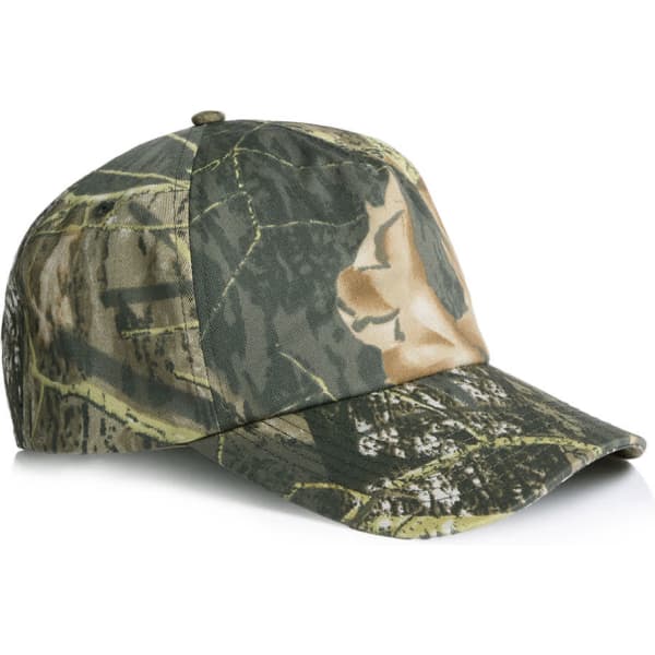 A soft camo cap in shades of green and brown with a curved brim and a logo on the side.