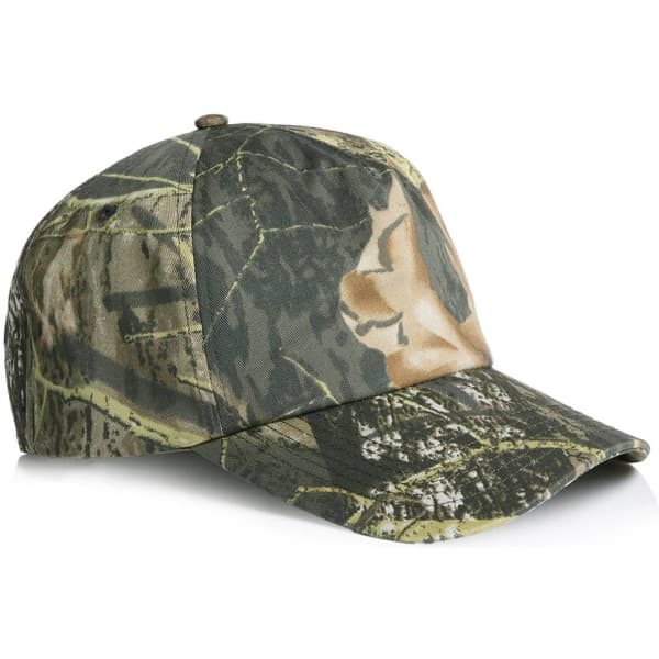 A soft camo cap featuring a green and brown camouflage pattern, with a curved brim and an adjustable back.