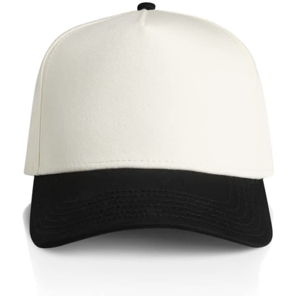 A two-tone cap featuring a white front and a black brim, with an adjustable strap and logo branding.