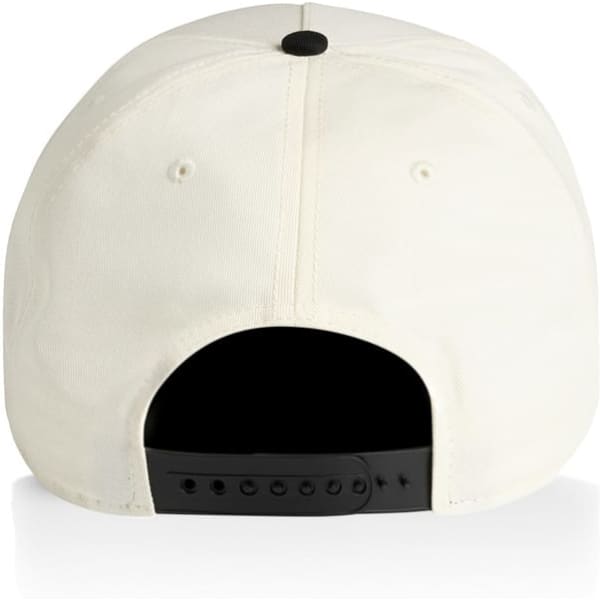 A two-tone cap featuring a cream front and a black back, with an adjustable strap and a logo on the back.