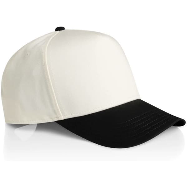 A two-tone cap featuring a white crown and a black brim, with a logo on the side.