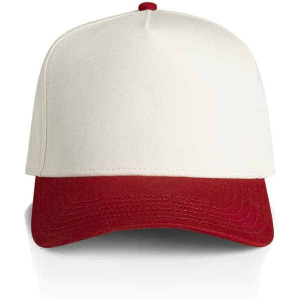 A two-tone cap featuring a white front and a red peak, complete with a logo.