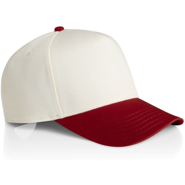 A two-tone cap featuring a white crown and a red visor, with an adjustable back and a logo.