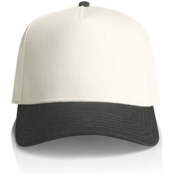 A two-tone cap featuring a white front and a black brim, with a logo on the front.